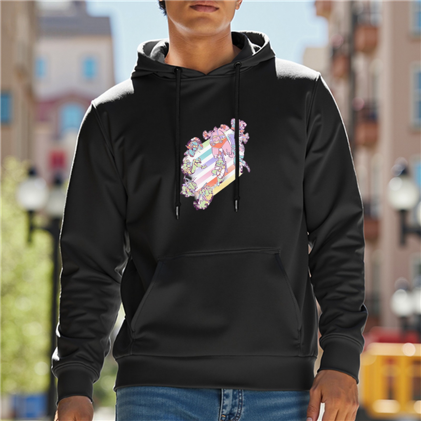 Black Hoodie With Pastel Anime Character Graphic Print