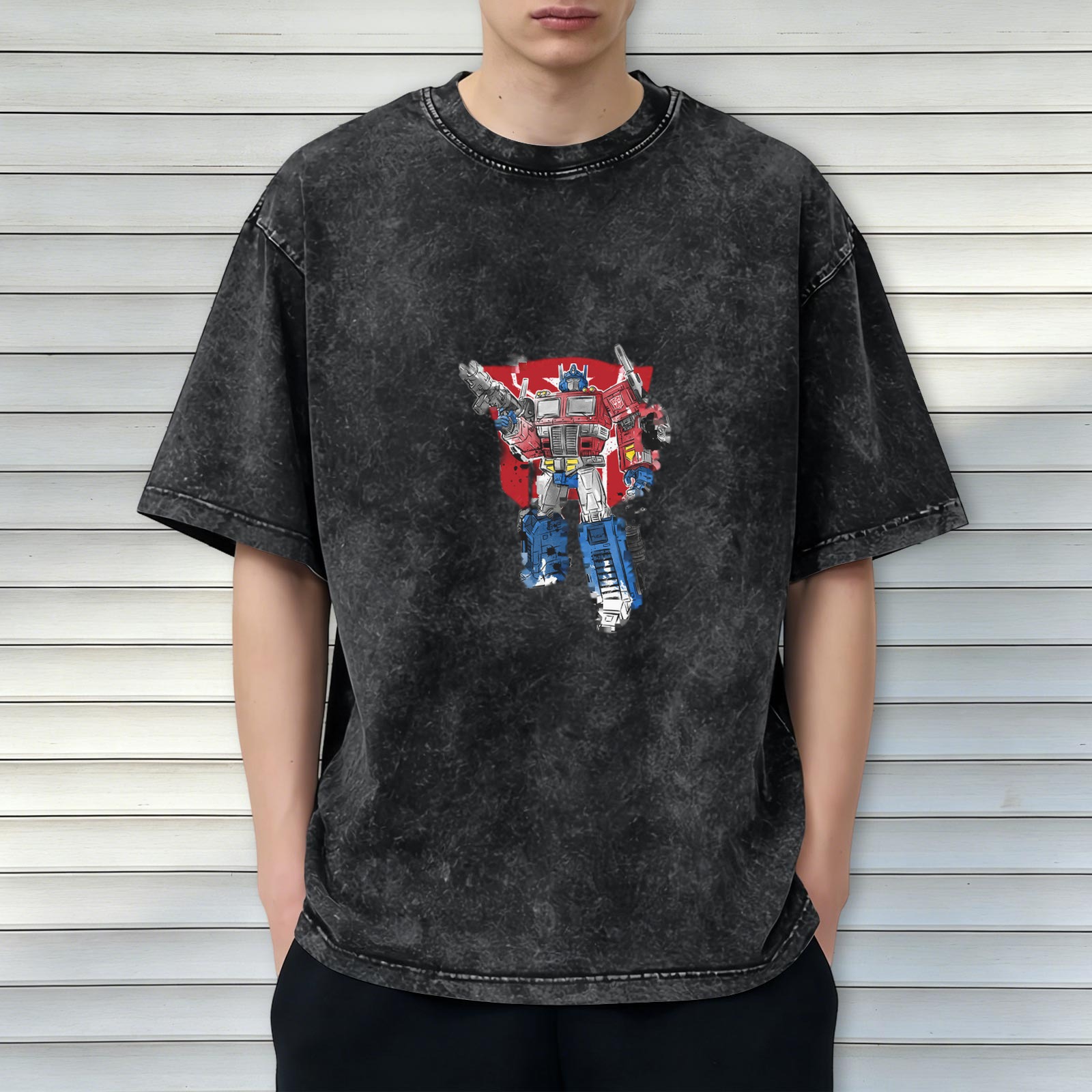 Washed distressed black Optimus Prime graphic short-sleeved T-shirt