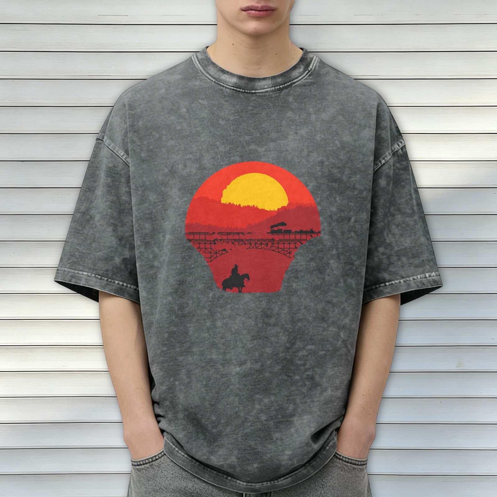 Washed Black T-Shirt with Western Sunset Cowboy and Train Graphic