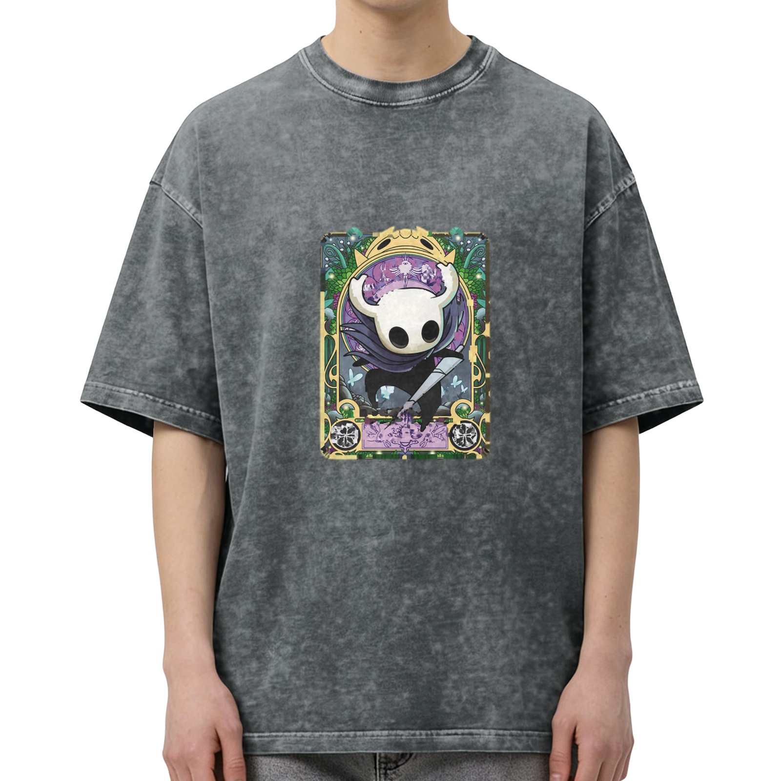 Hollow Knight themed distressed washed black loose short-sleeved T-shirt