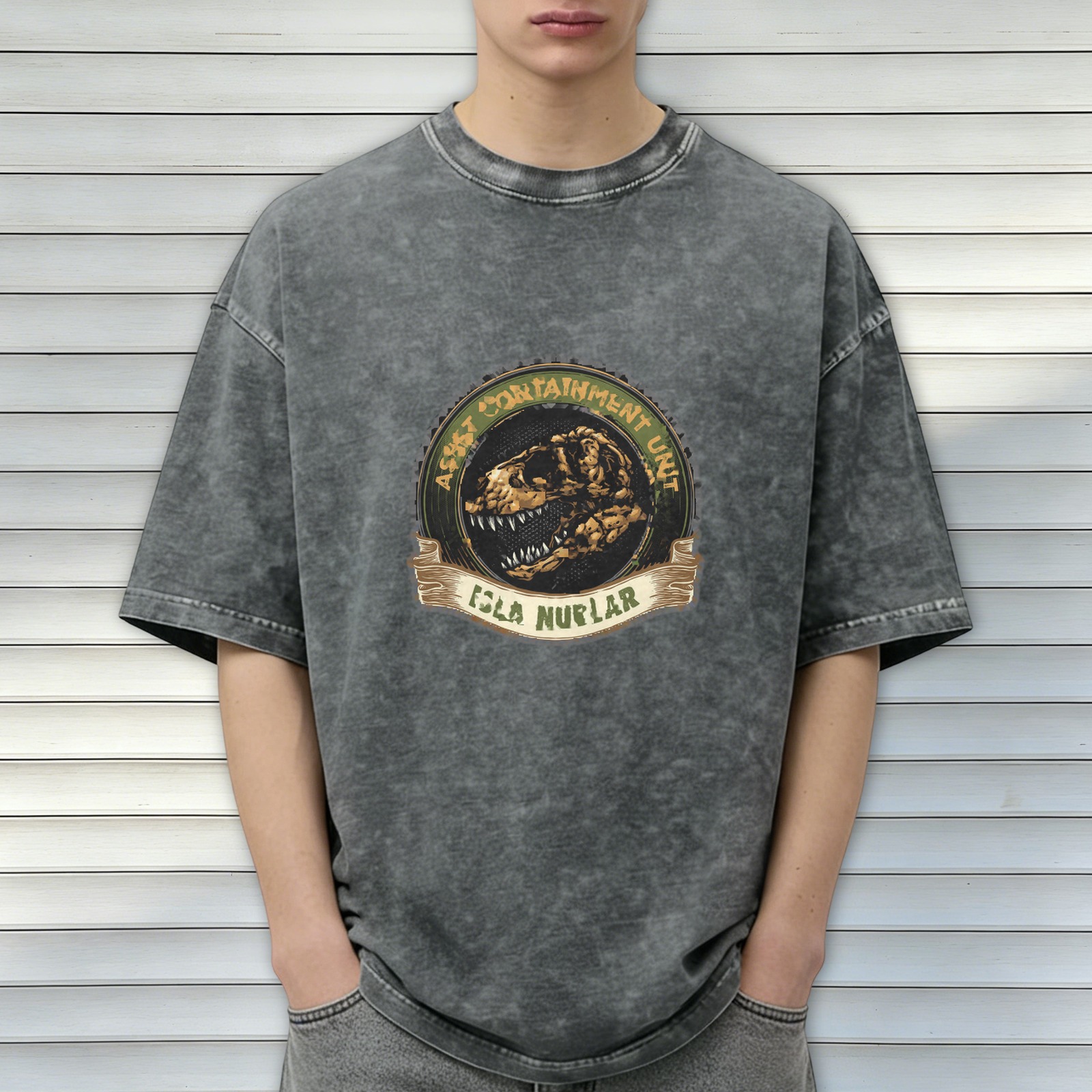 Washed Black T-Shirt with Dinosaur Containment Unit Isla Nublar Graphic