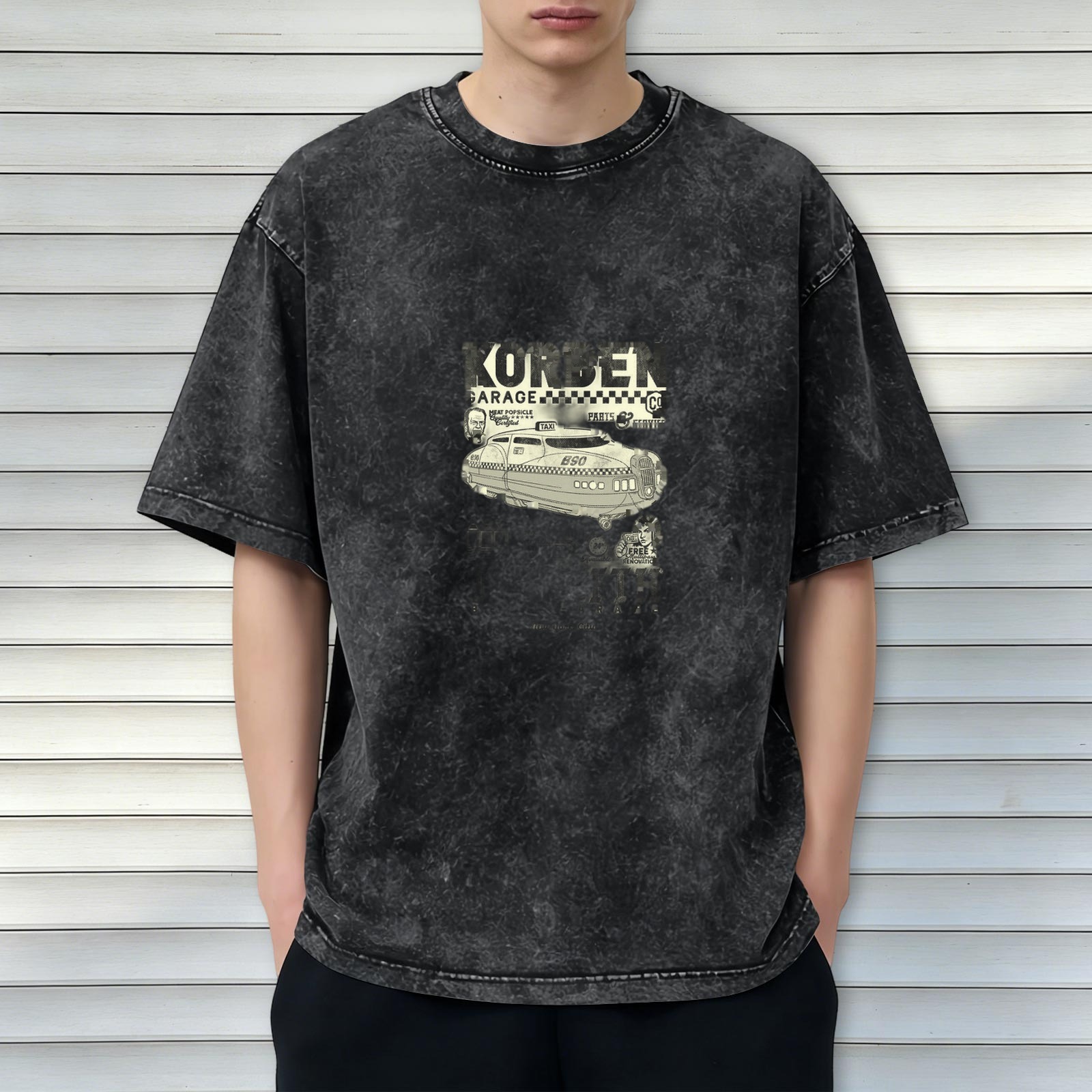 Washed Black Oversized T-Shirt with Retro Garage Taxi Graphic Print