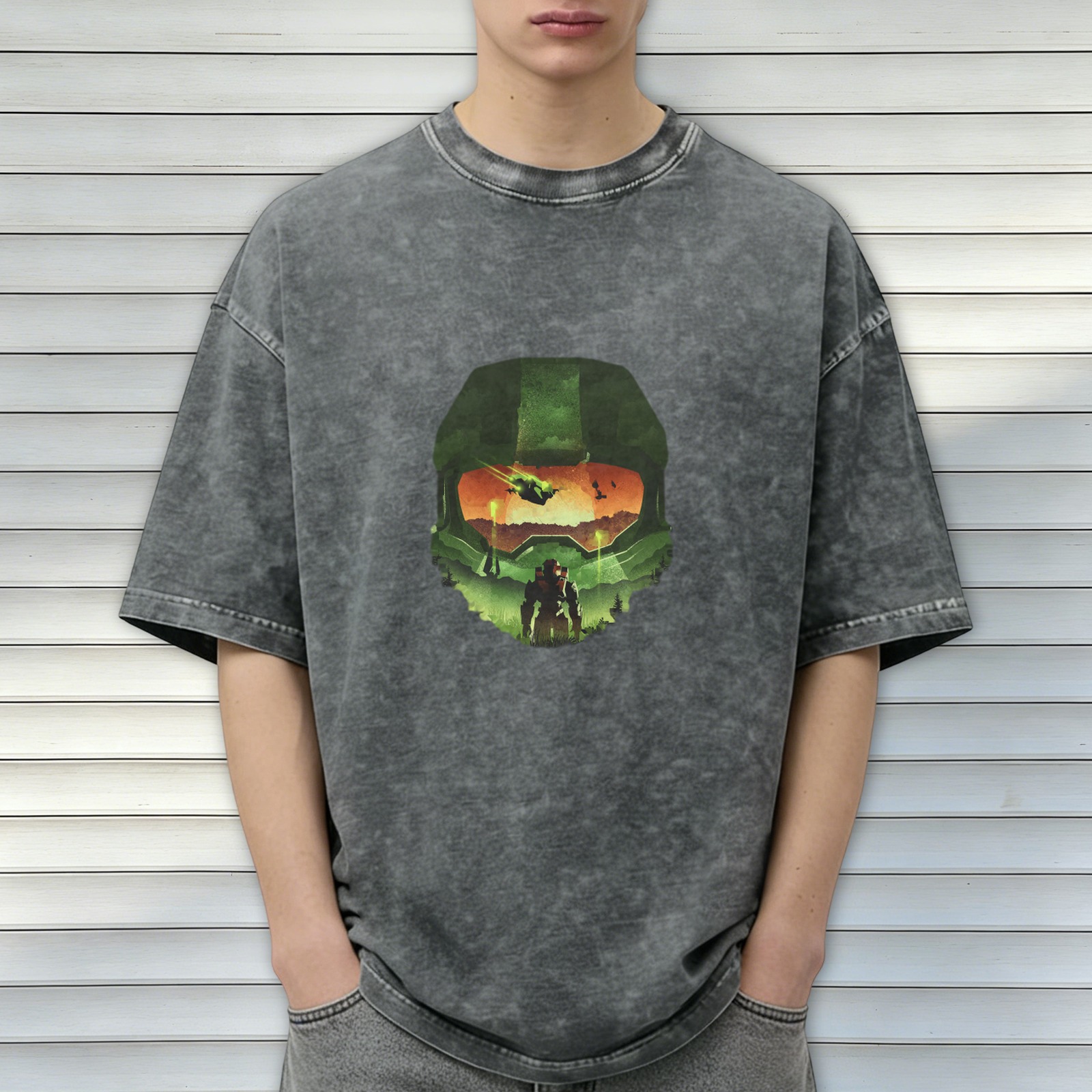 Halo Master Chief Helmet Silhouette Graphic Acid Wash T-Shirt