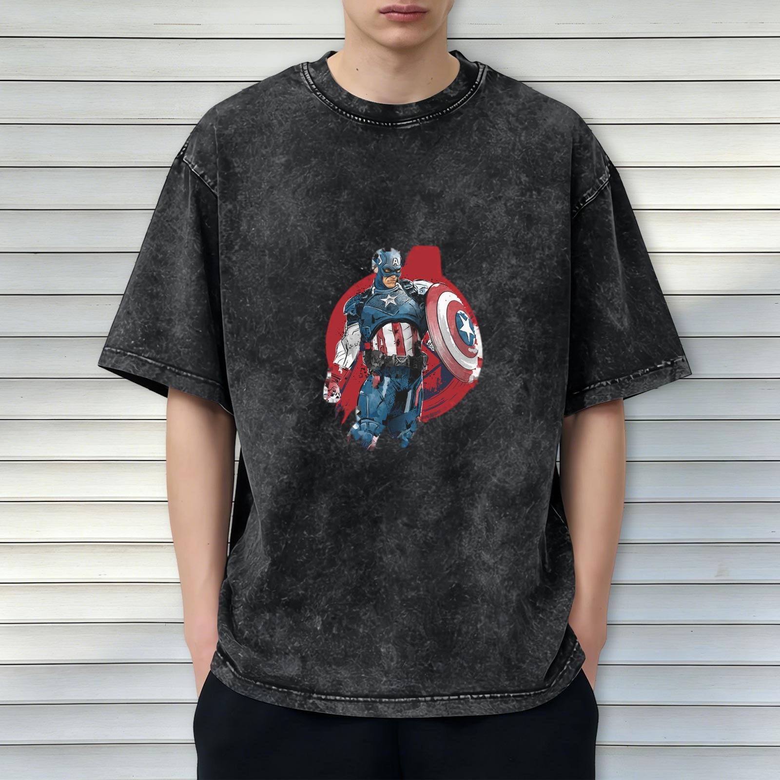 Oversized Acid Wash T-Shirt with Captain America Graphic