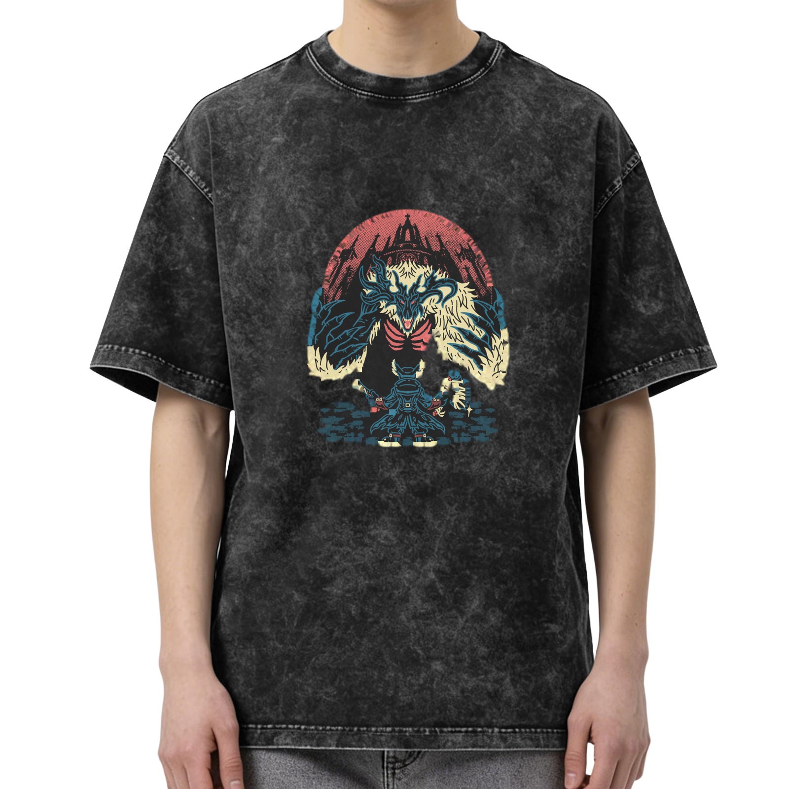 Washed Black Graphic T-Shirt With Fantasy Monster Castle Print