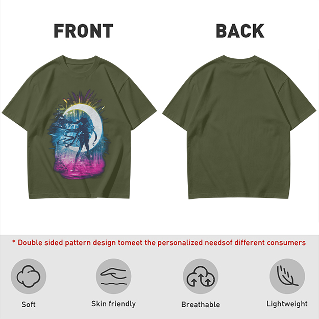 Olive T-Shirt with Crescent Moon Anime Character Silhouette Art