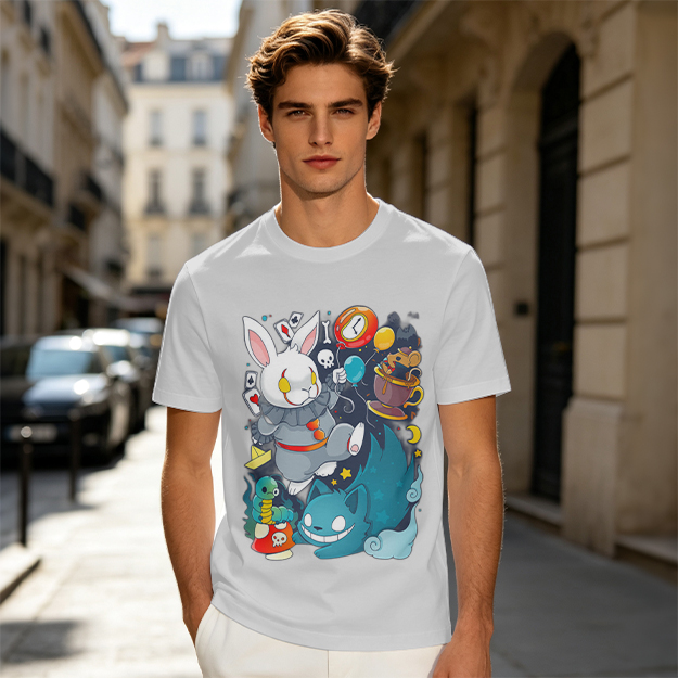 Alice in Wonderland Themed Graphic T-Shirt with Whimsical Characters