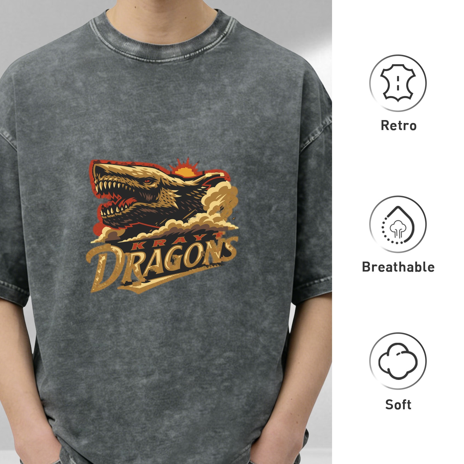 Oversized Acid Wash T-Shirt with Kray Dragons Graphic Print