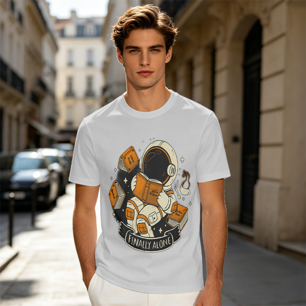 Astronaut Reading Book 'Finally Alone' Graphic T-Shirt Design