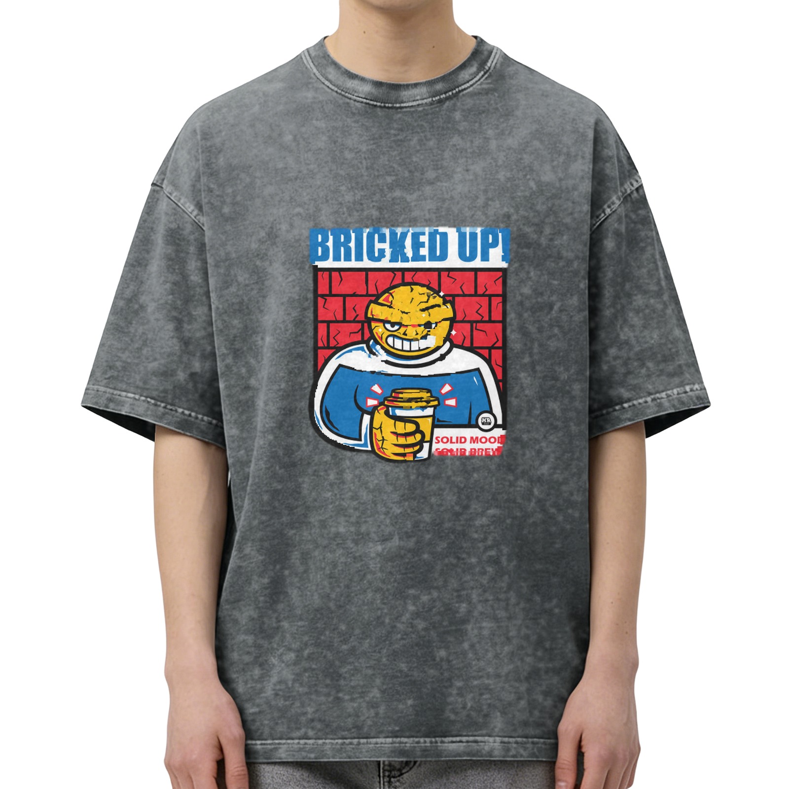 Oversized acid wash t-shirt with brick-themed cartoon graphic