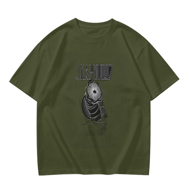 Olive green graphic t-shirt with masked figure print