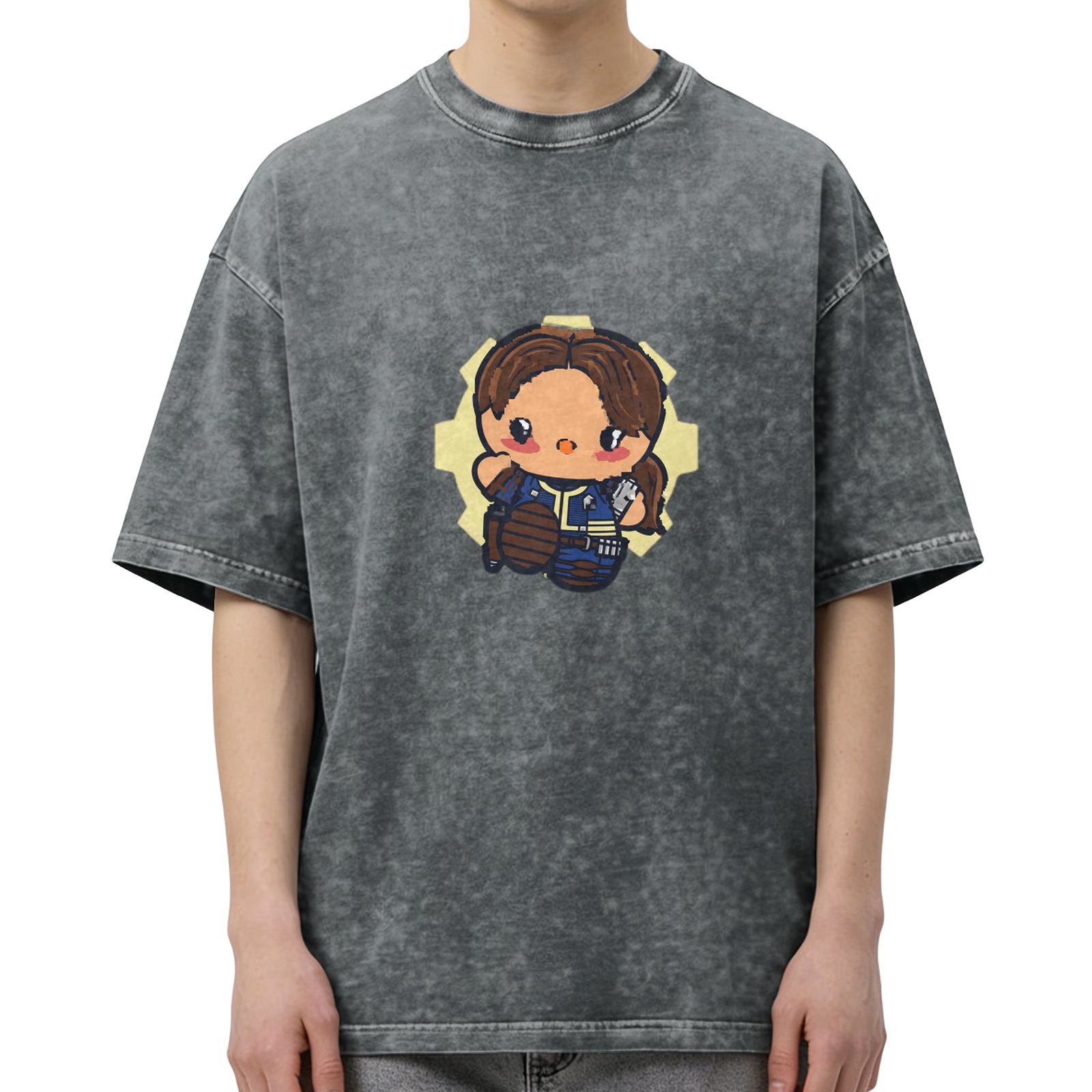 Washed Black T-Shirt with Cute Vault Dweller Chibi Graphic