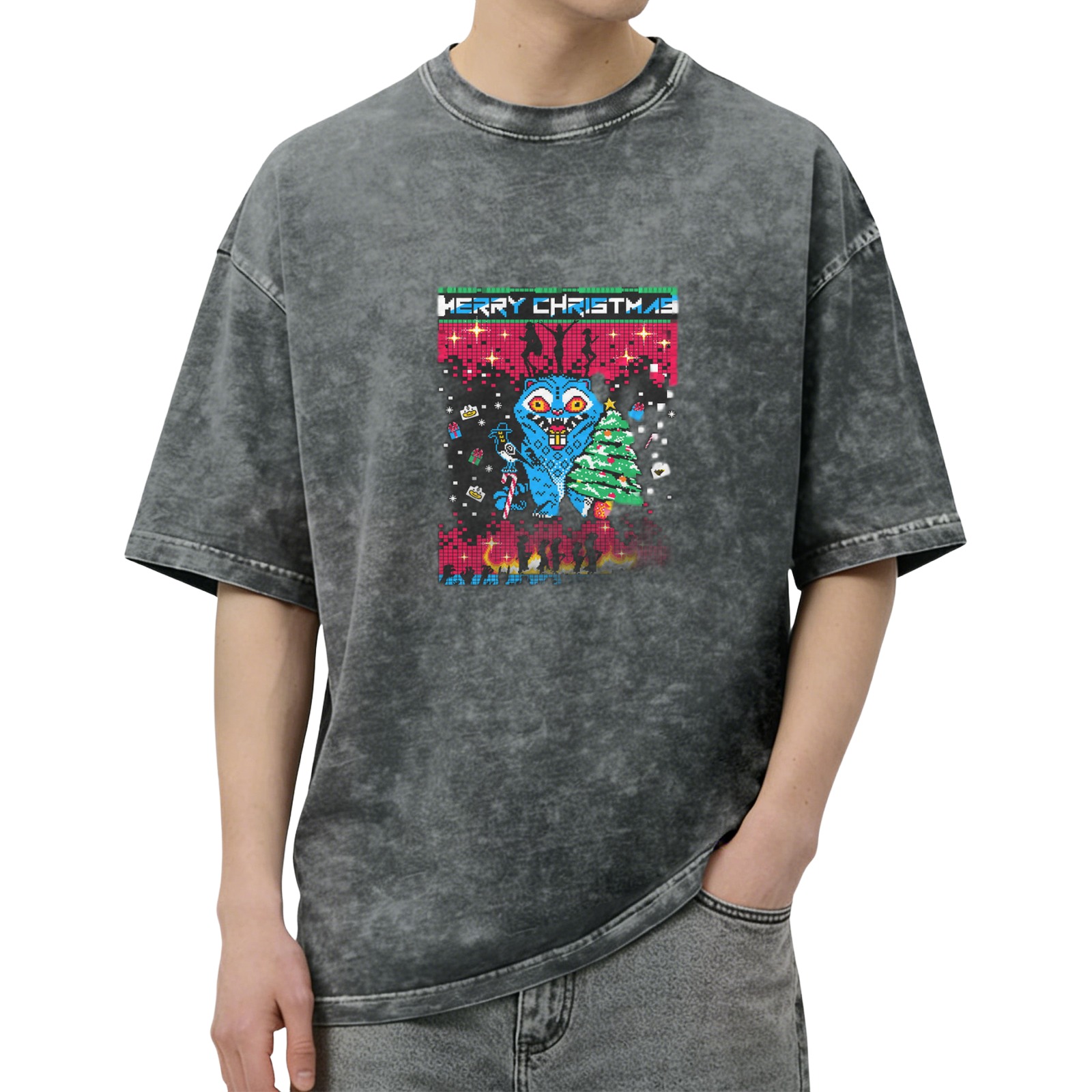 Oversized Acid Wash T-Shirt With Pixel Art Christmas Monster Print