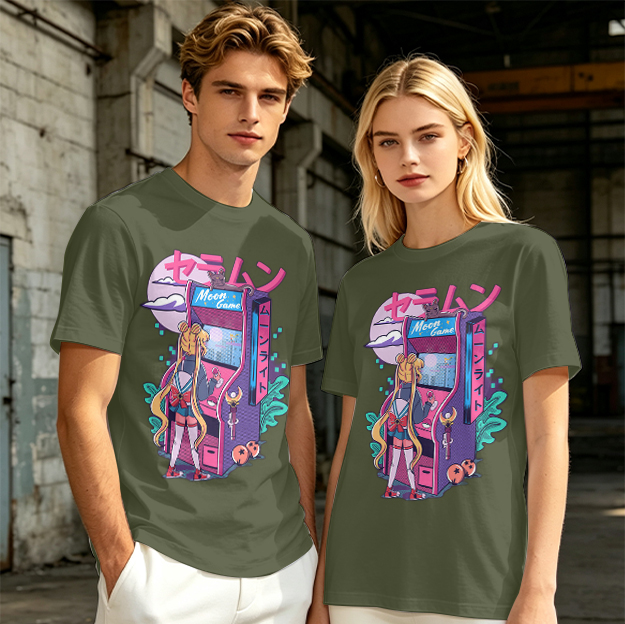 Anime girl playing moon arcade game graphic tee