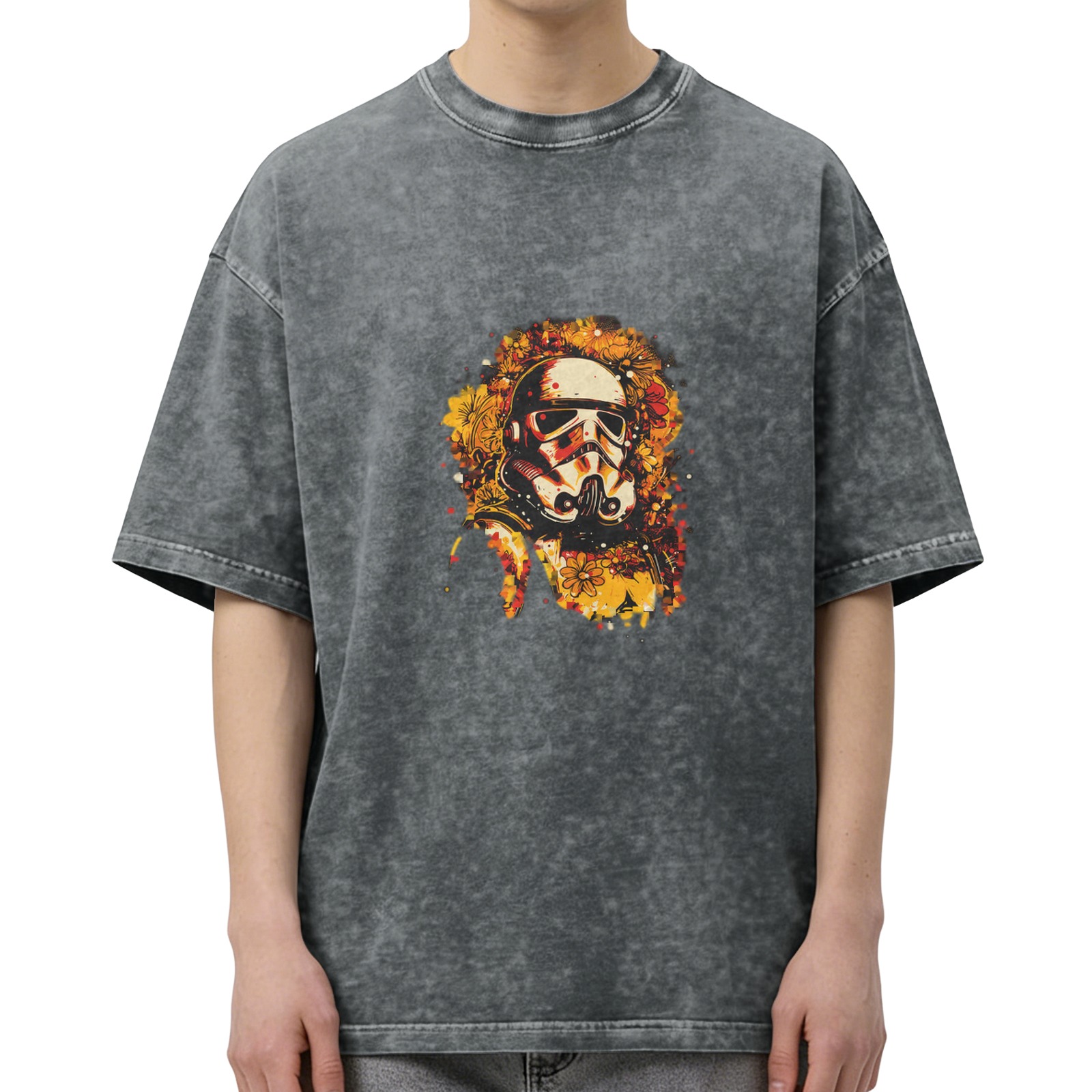 Washed Black T-Shirt with Floral Stormtrooper Graphic