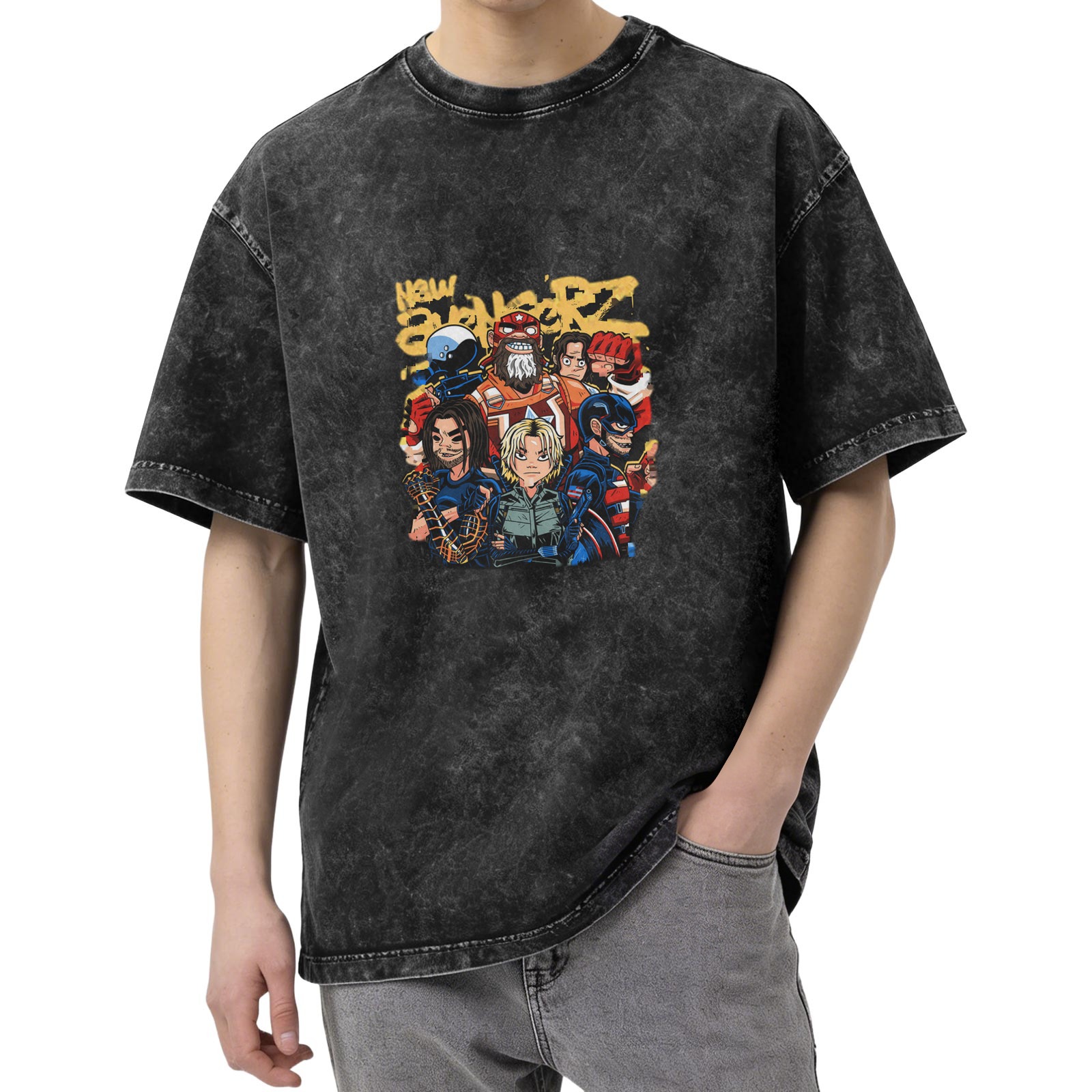 Washed Black T-Shirt With New Avengerz Superhero Group Artwork