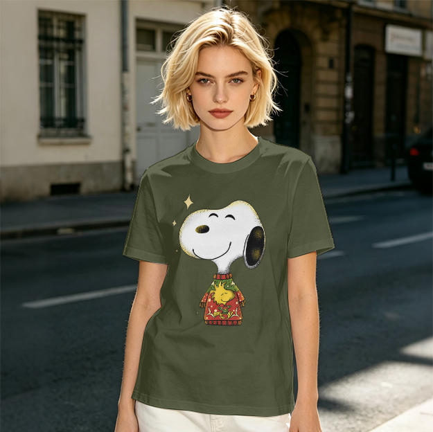 Olive T-shirt with Snoopy in Christmas Sweater Graphic