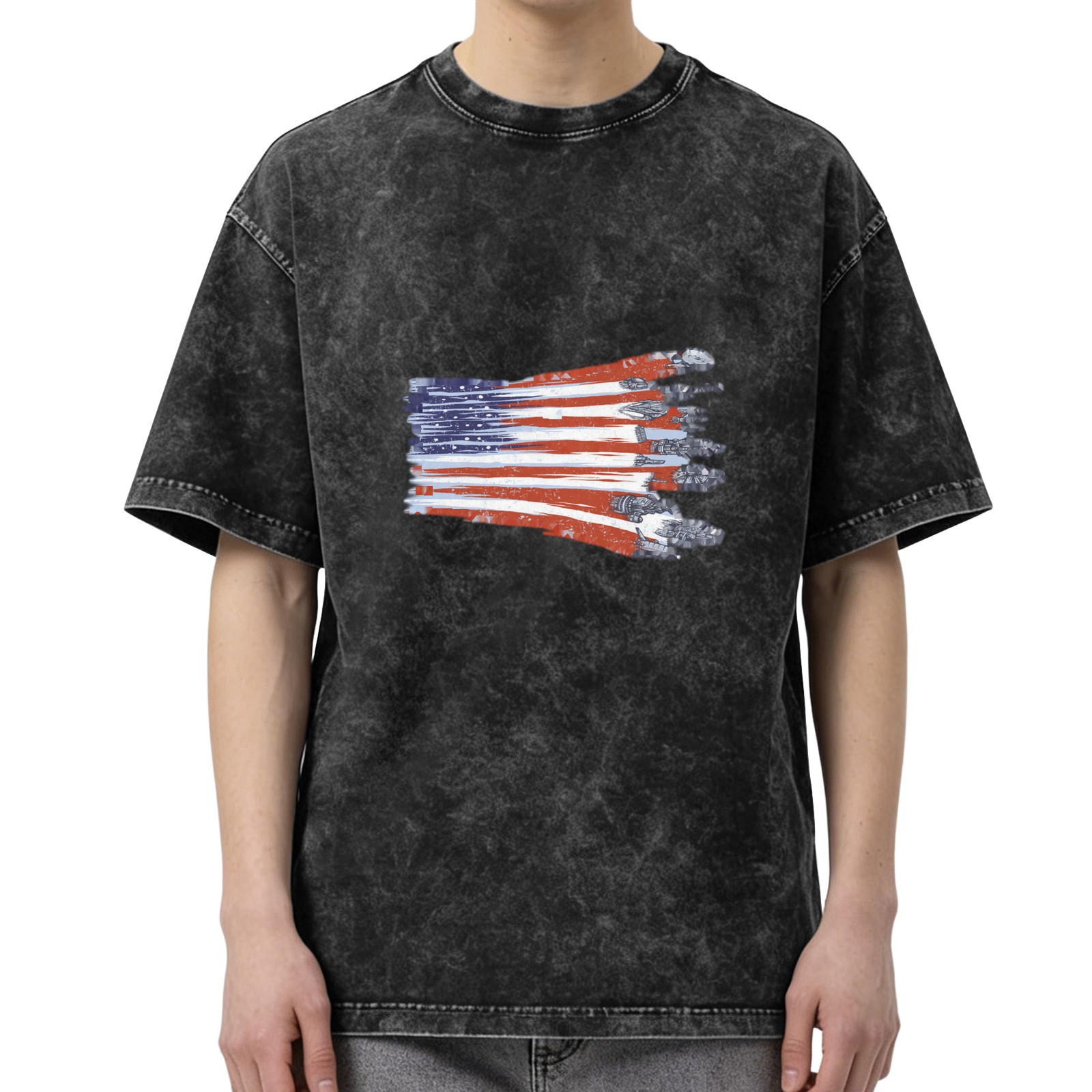 Distressed washed black American flag printed loose short-sleeved T-shirt