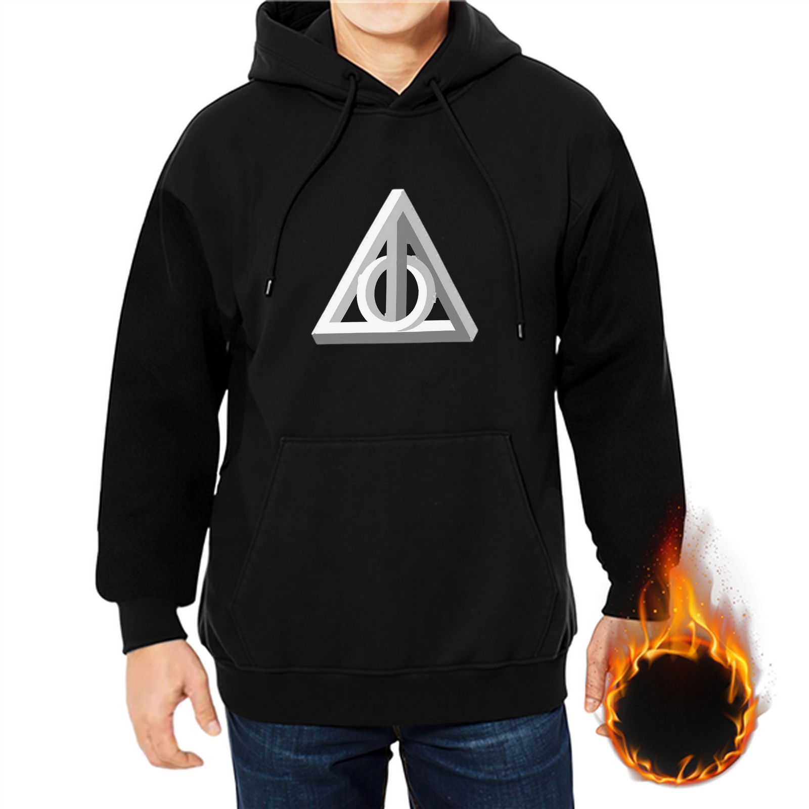 Black Hoodie With 3D Deathly Hallows Symbol Print