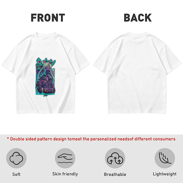 Olive T-shirt with cyberpunk anime character graphic