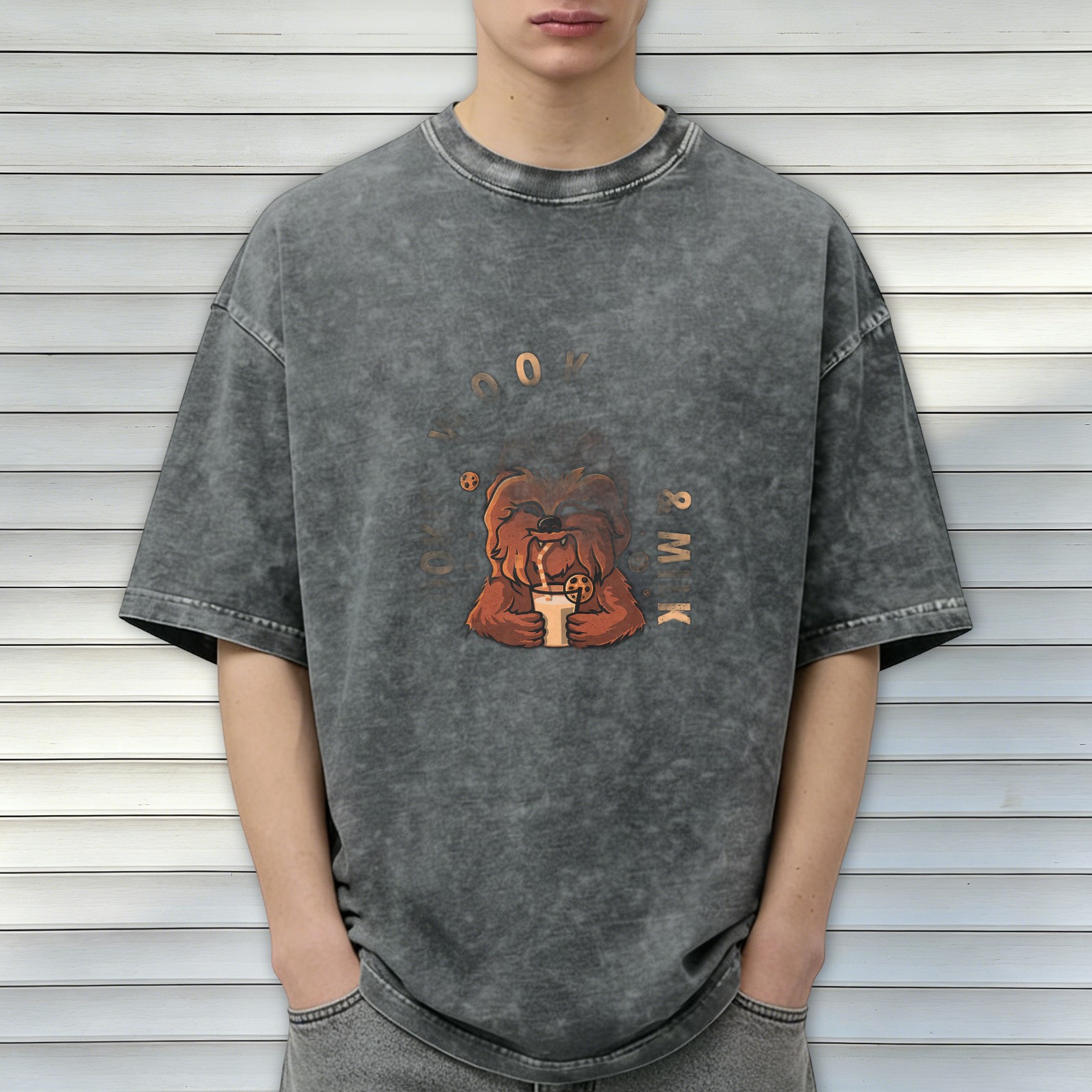 oversized acid wash t-shirt with chewbacca milk and cookies graphic