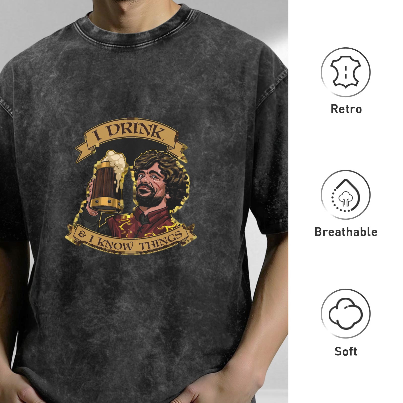 Game of Thrones Tyrion 'I Drink & I Know Things' Graphic Stone Wash Oversized T-Shirt