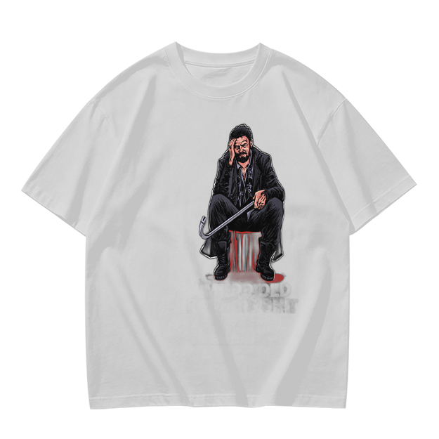 Olive T-shirt with seated bearded man holding crowbar graphic