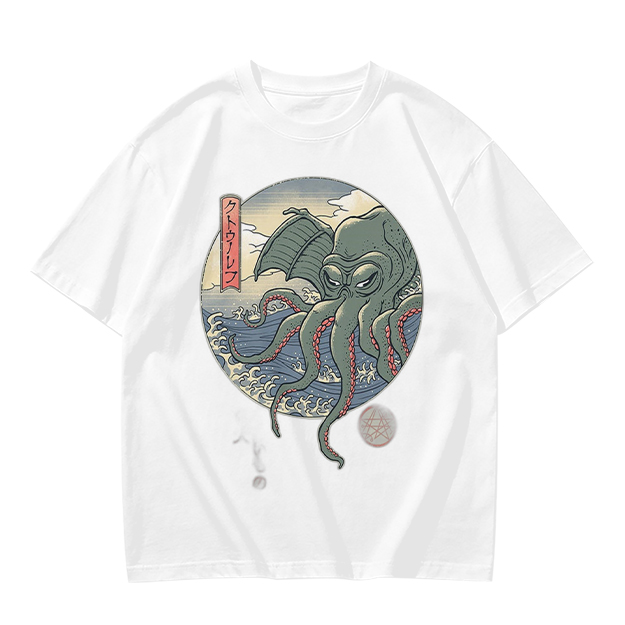 Olive T-shirt with Ukiyo-e Style Cthulhu Octopus Print