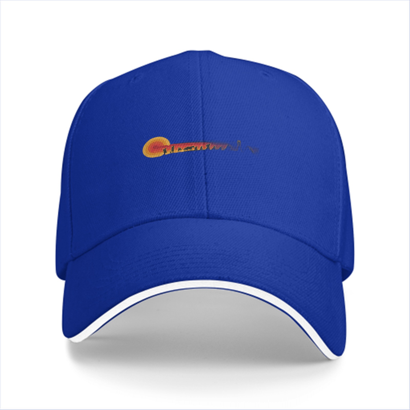 Black Baseball Cap with Sunset Landscape Graphic Design