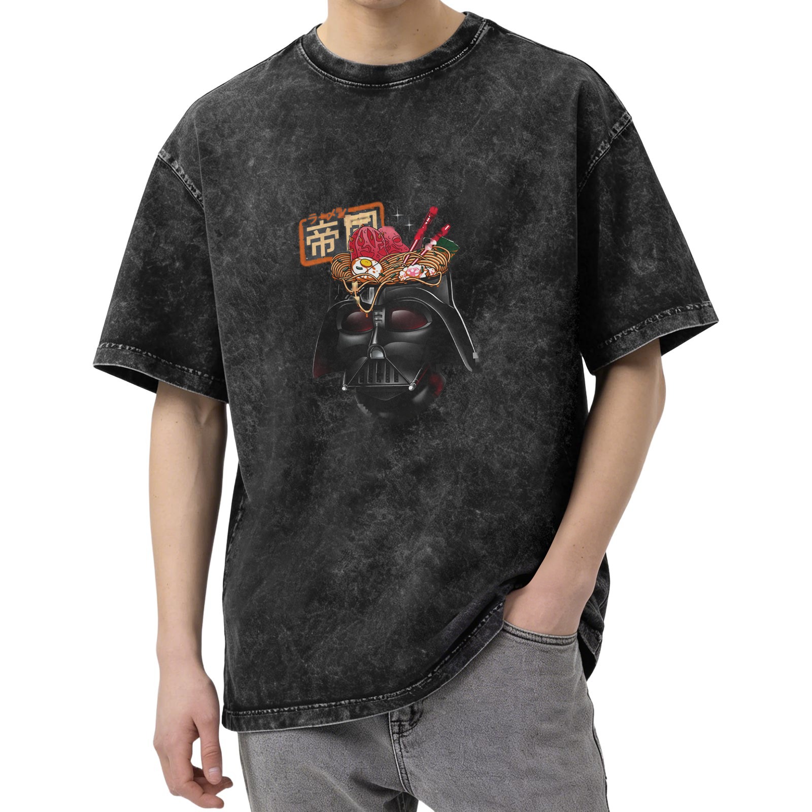 Washed Black T-Shirt With Darth Vader Ramen Graphic Print