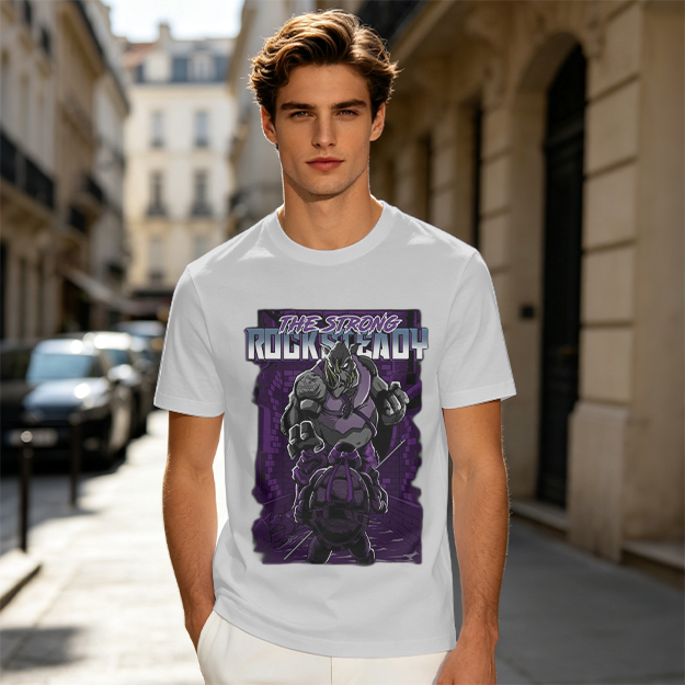 Olive green t-shirt featuring Rocksteady the strong mutant character