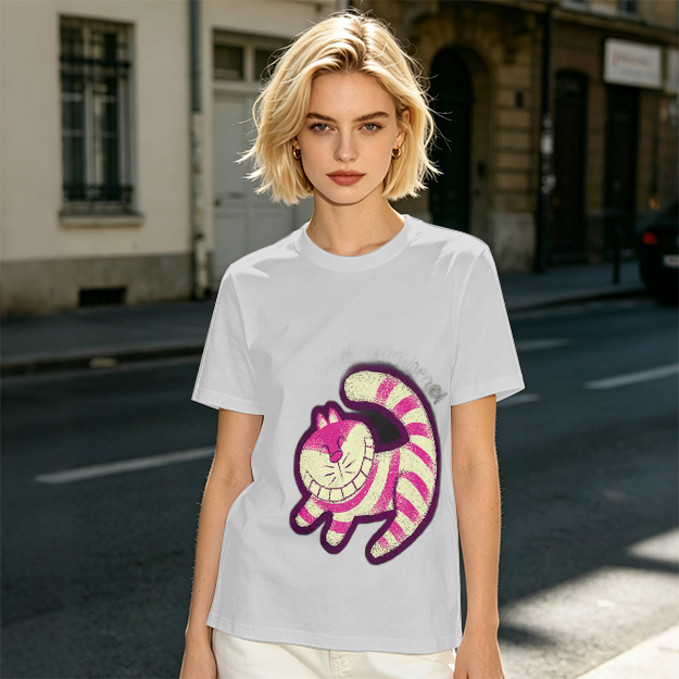 Olive T-Shirt with Cheshire Cat Graphic Print