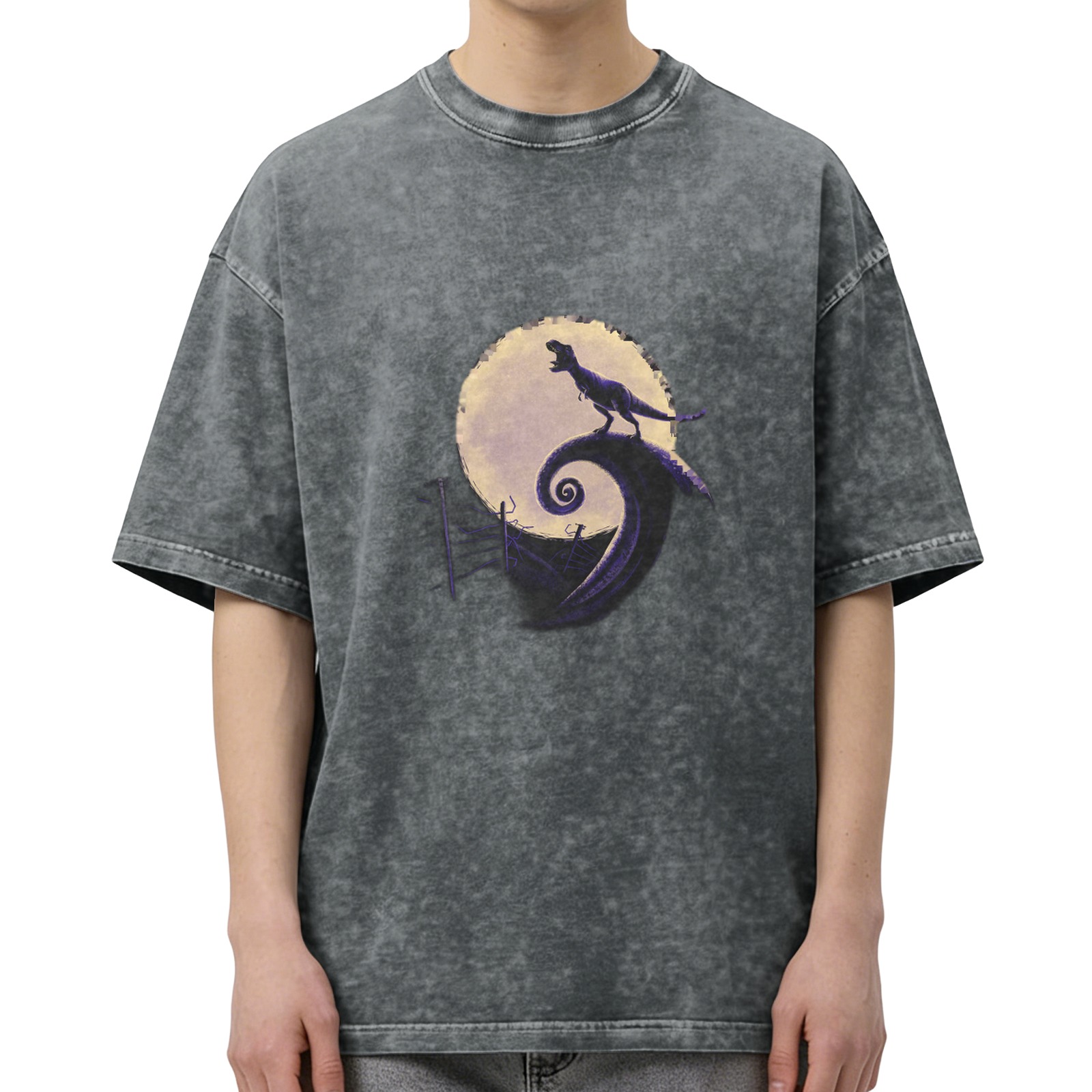 Dinosaur Moon Spiral Graphic Acid-Wash T-Shirt