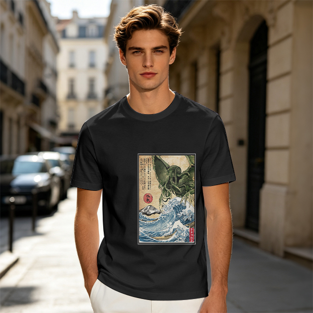 Olive T-shirt with Japanese ukiyo-e style Cthulhu wave print
