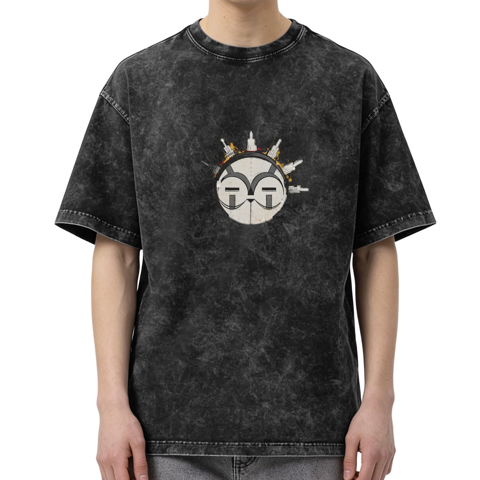 Oversized Black Acid Wash T-Shirt With Graphic Face Print