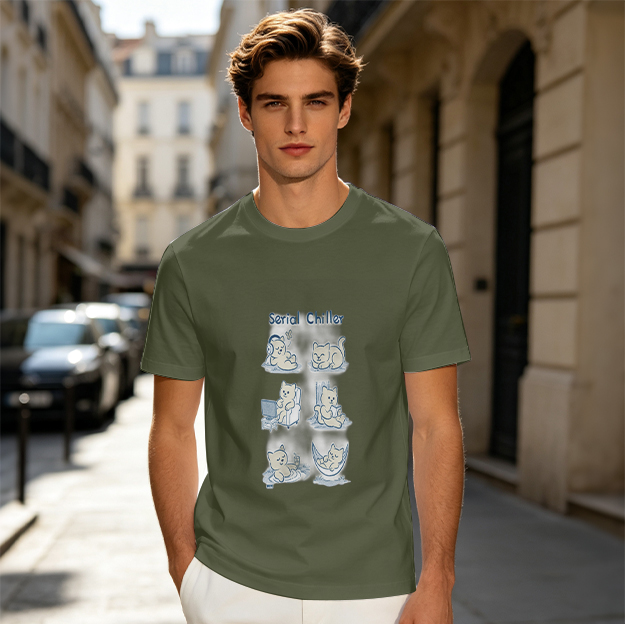 Olive green graphic t-shirt with 'Serial Chiller' and relaxed cat illustrations