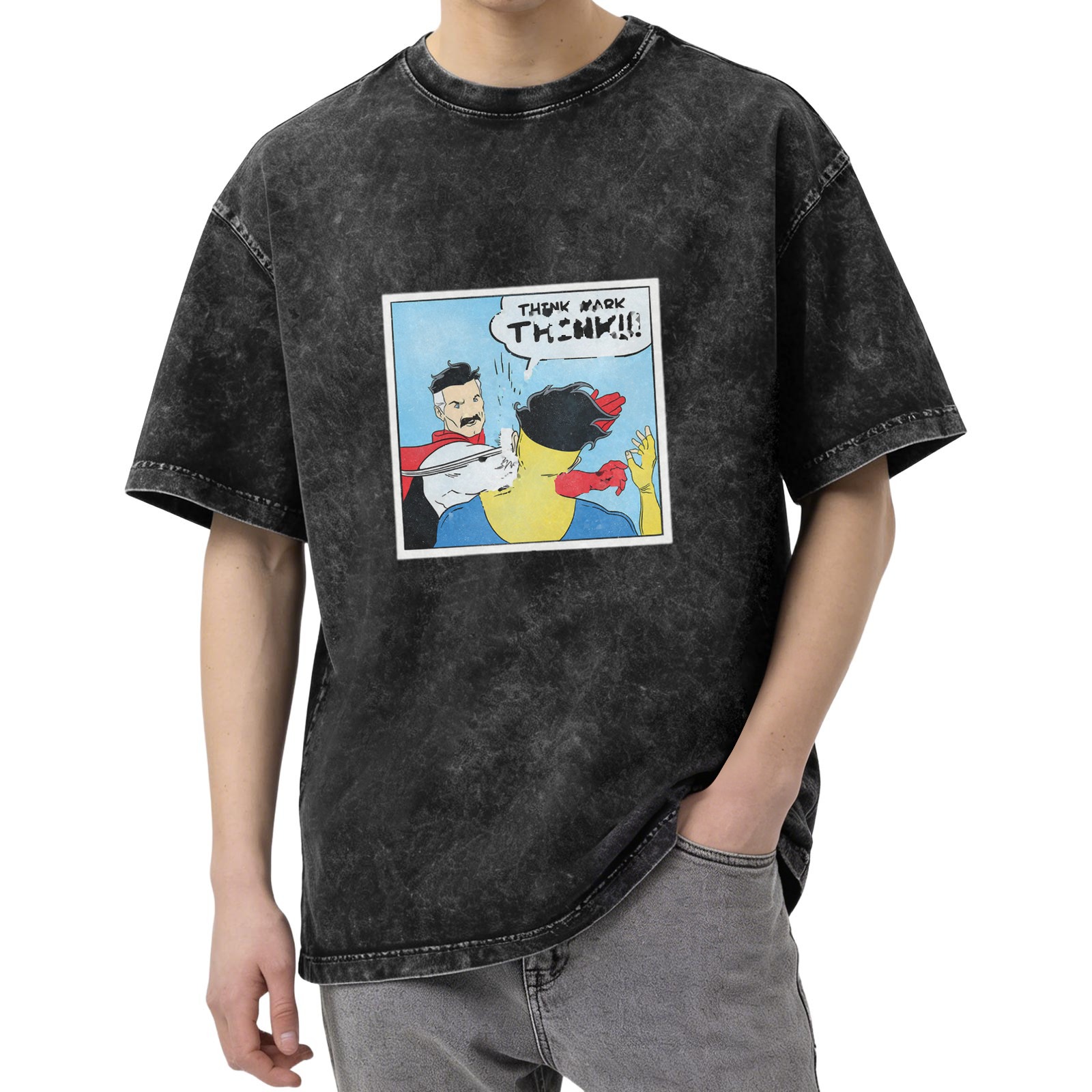 Oversized dark wash t-shirt with Invincible comic panel print