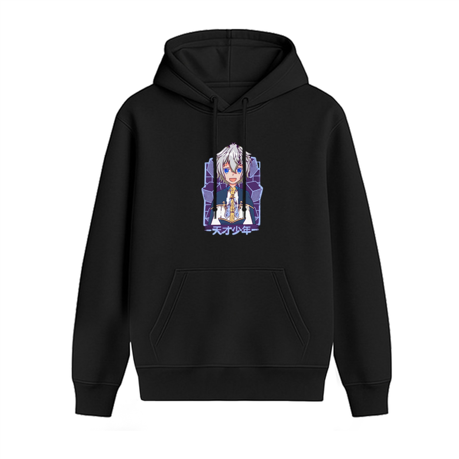 Black anime graphic hoodie with silver-haired character design