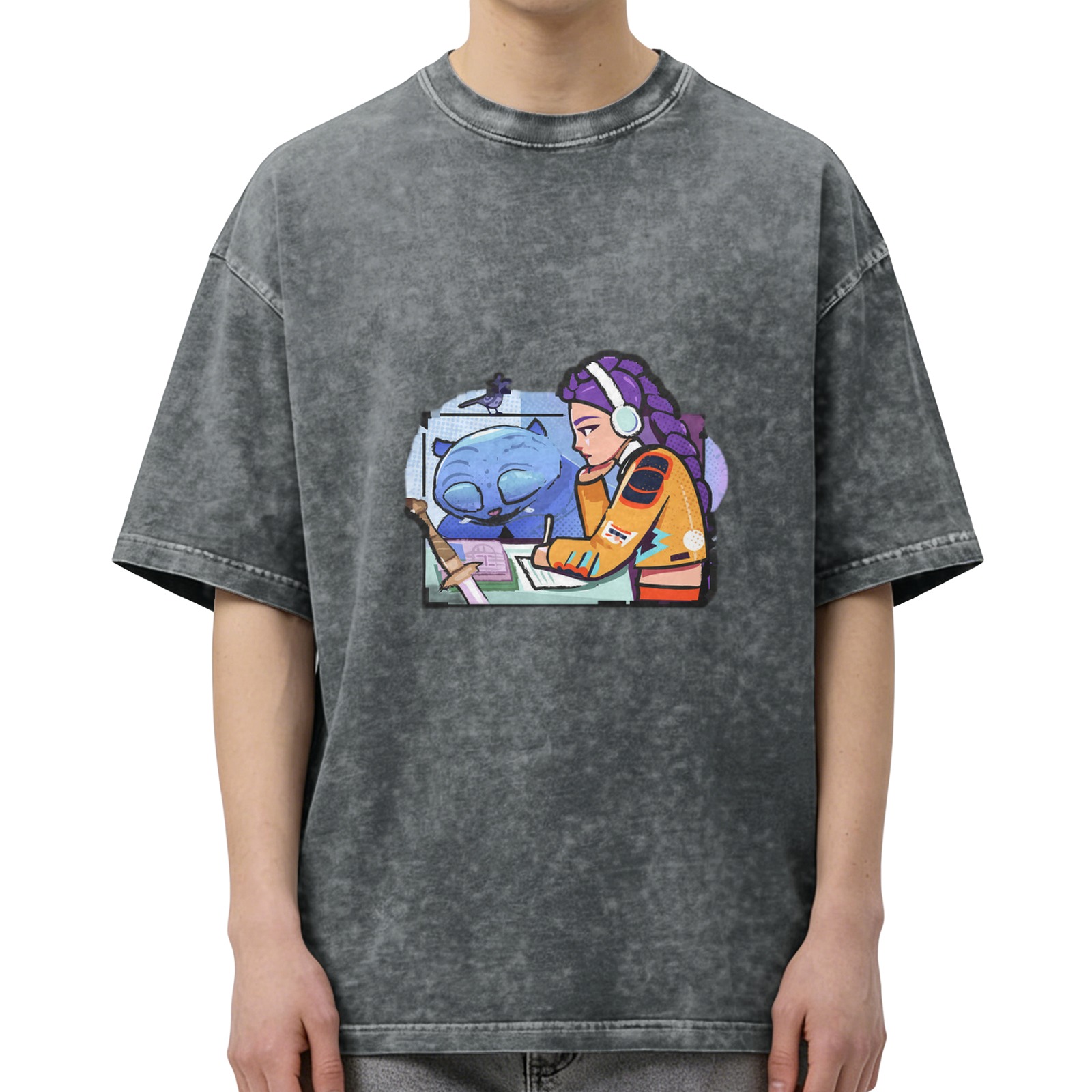 Washed graphic tee with anime girl and blue cat illustration