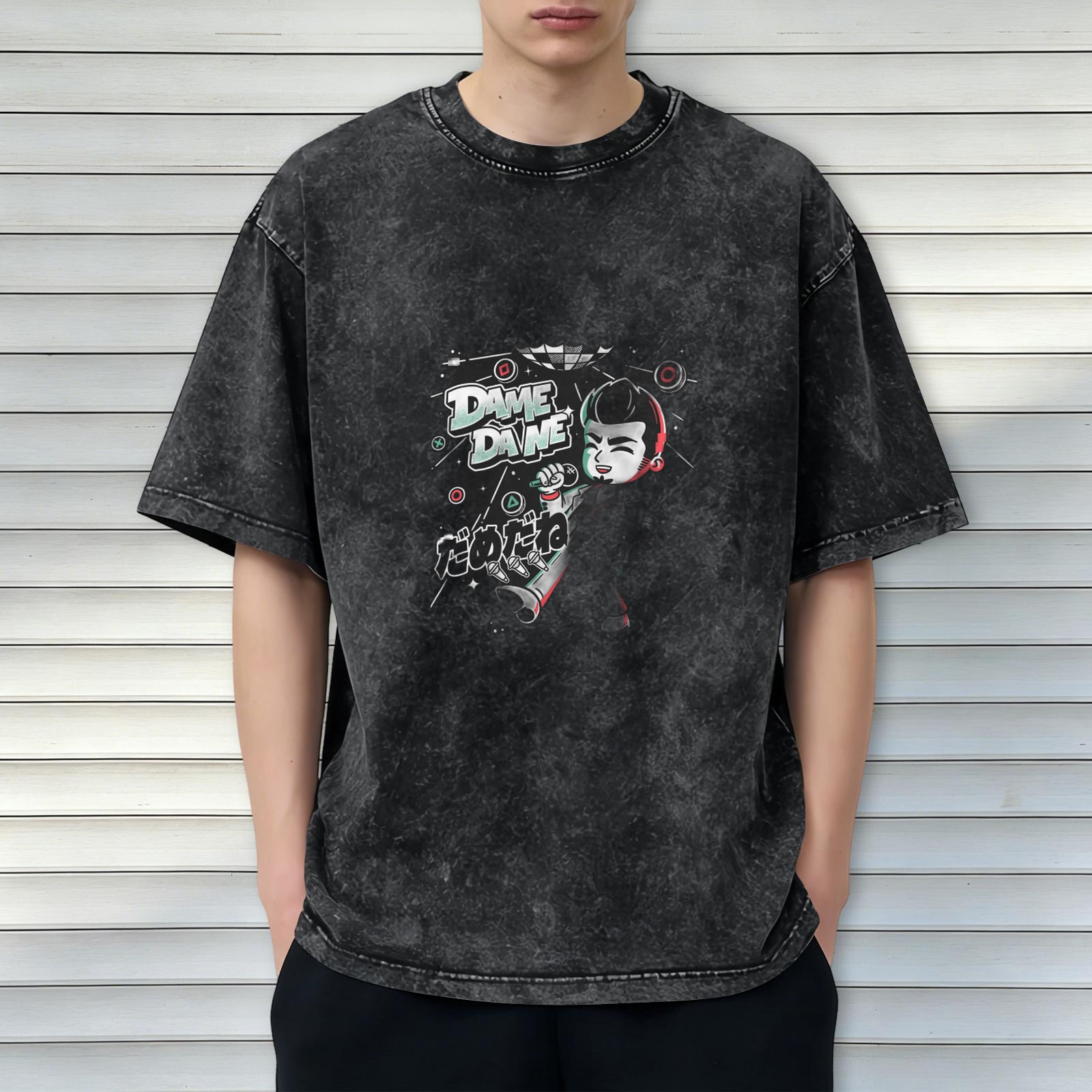 Washed black graphic t-shirt with Dame Dane anime-style print