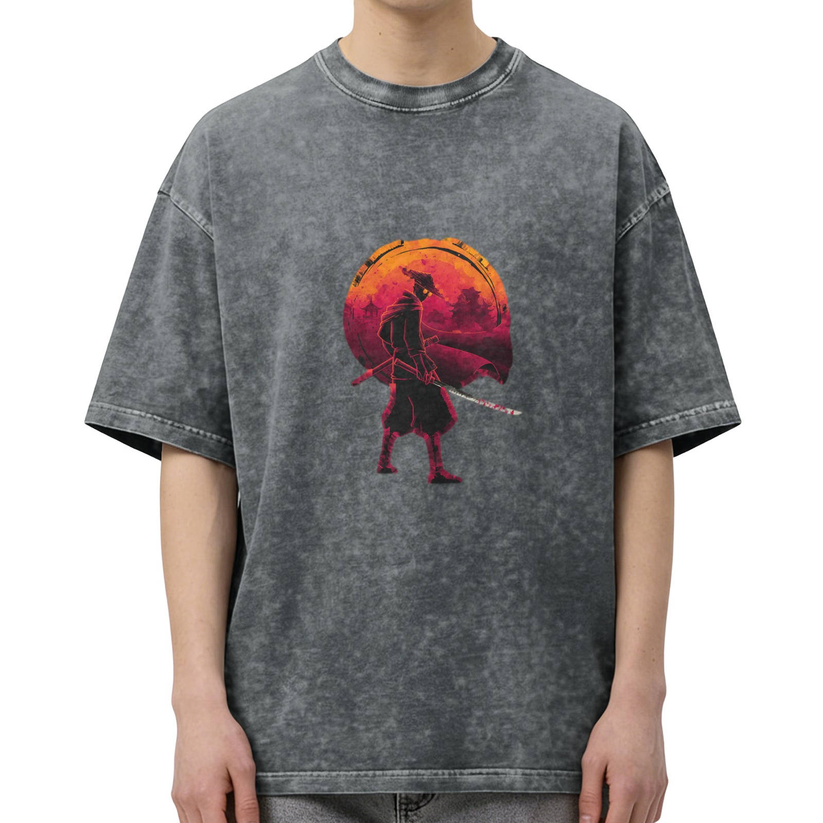 Oversized Acid Wash T-Shirt With Samurai Silhouette Sunset Print