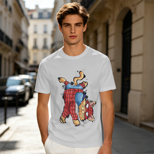 Olive T-Shirt With Playful Spider Cat Superhero Graphic Print