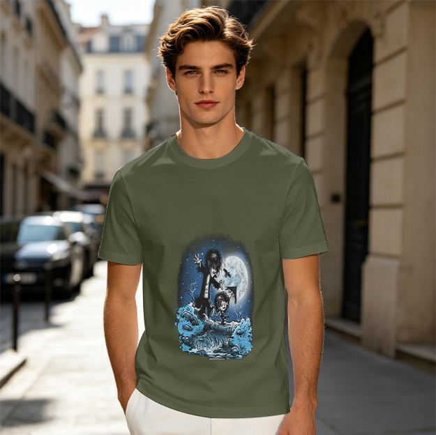 Olive T-Shirt With Gothic Moonlit Water Creature Graphic Print