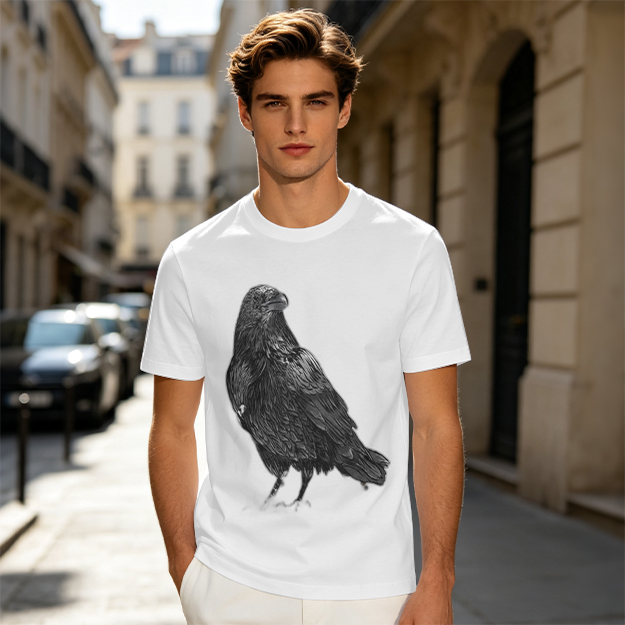 Olive Green T-Shirt With Detailed Raven Graphic Print