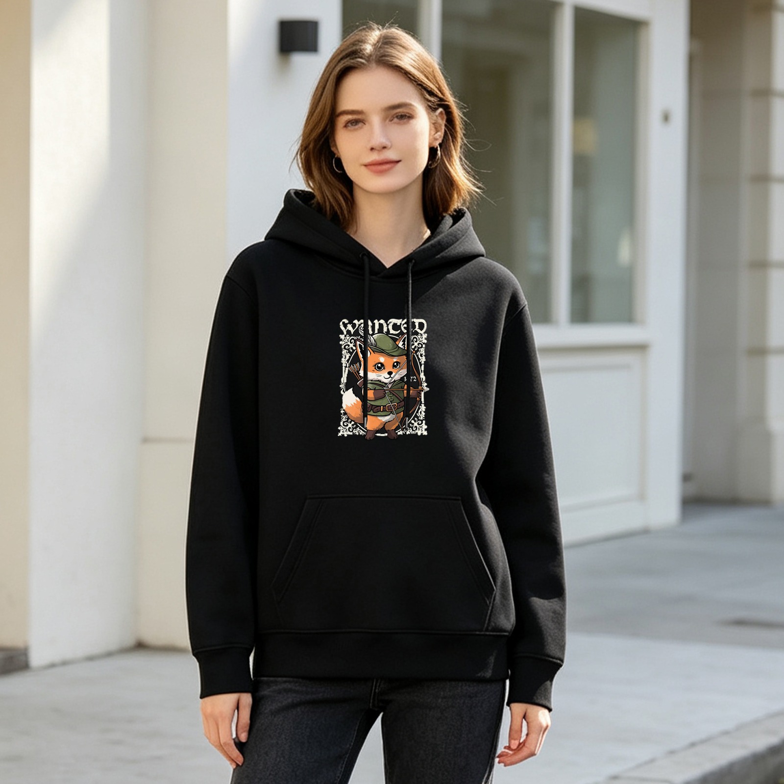 Black hoodie with cute fox archer 'WANTED' graphic