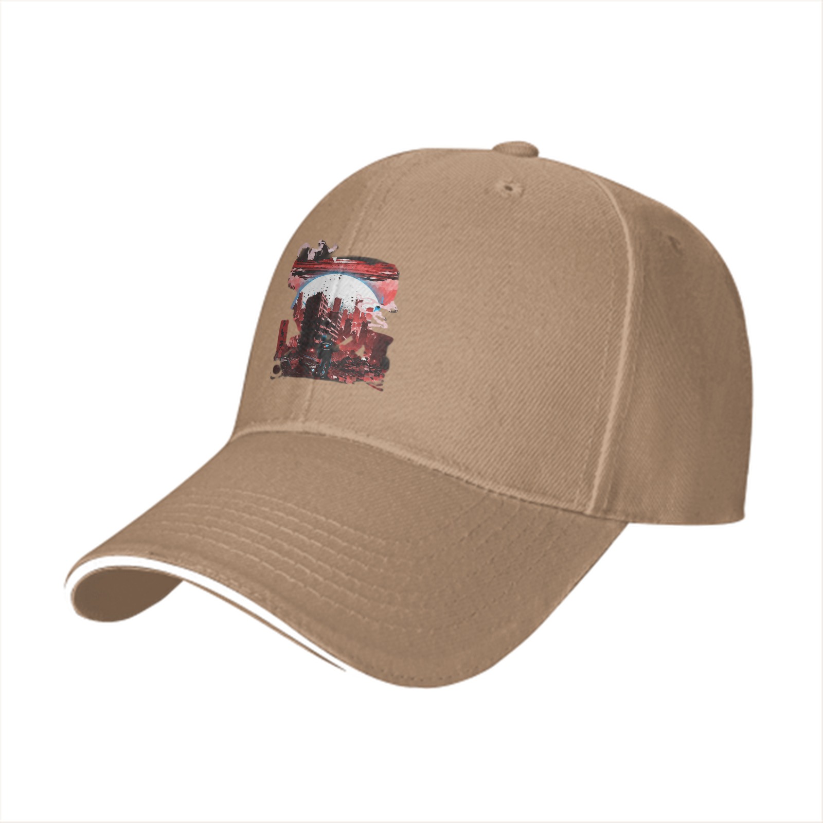 Black Baseball Cap with Abstract Red Cityscape Print