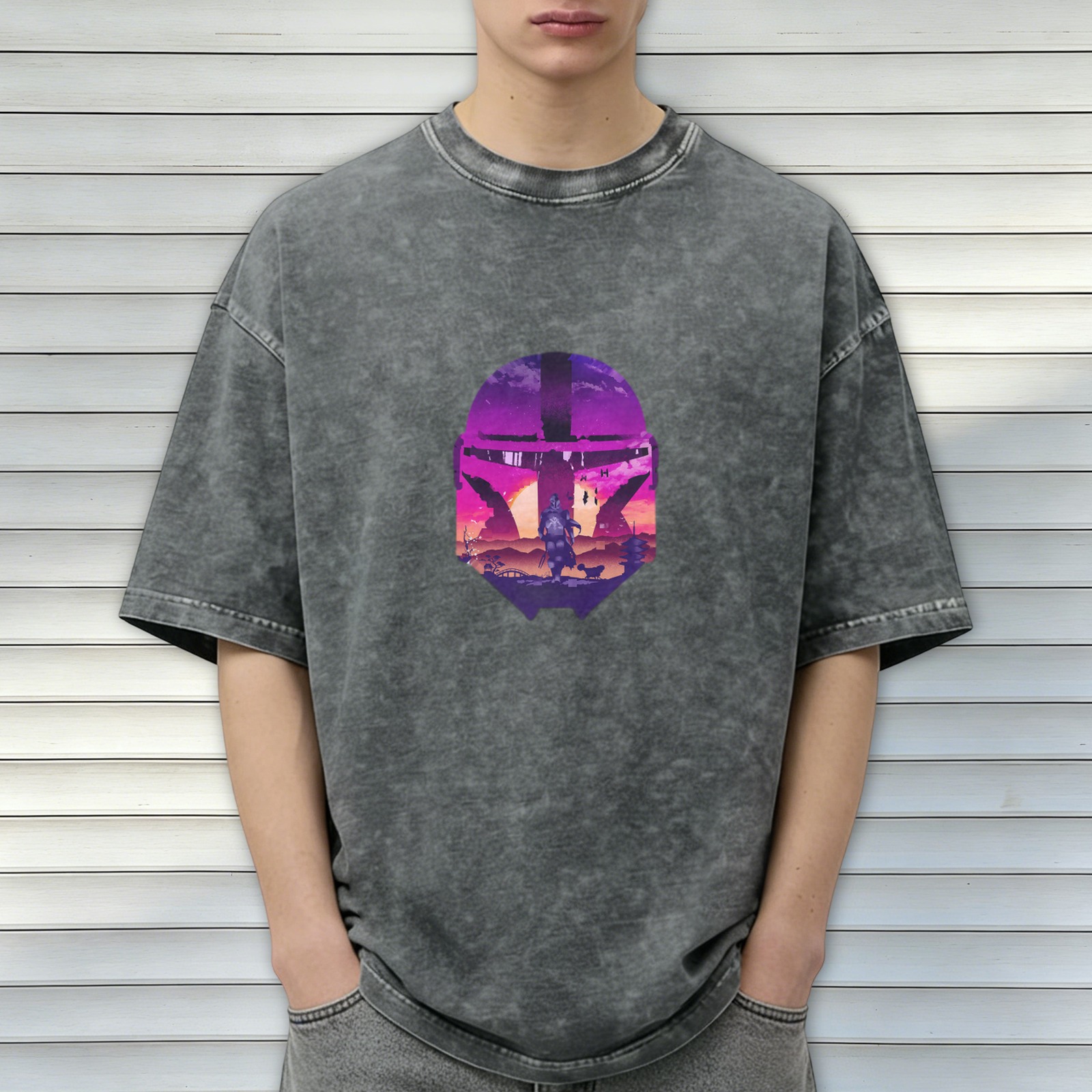 Distressed Black Mandalorian Helmet Graphic Short Sleeve T-Shirt