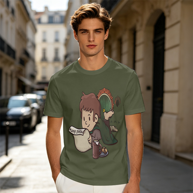 Olive T-Shirt with Cartoon Hobbit Reading Middle Earth Scroll Art
