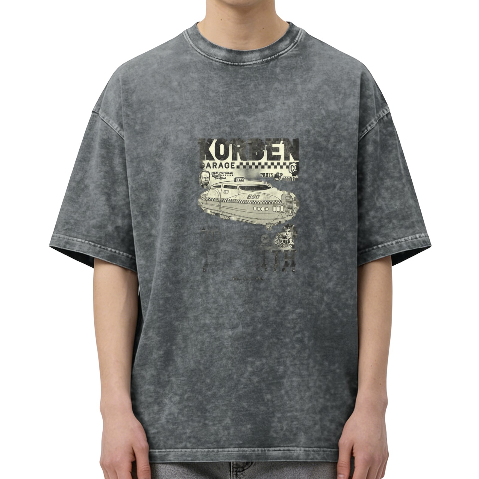 Washed Black Oversized T-Shirt with Retro Garage Taxi Graphic Print