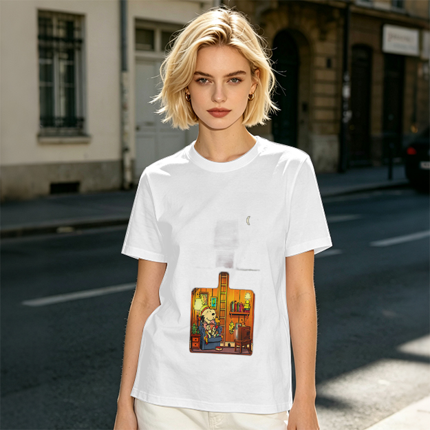 Olive T-Shirt With Cozy Dog In Room Graphic Print